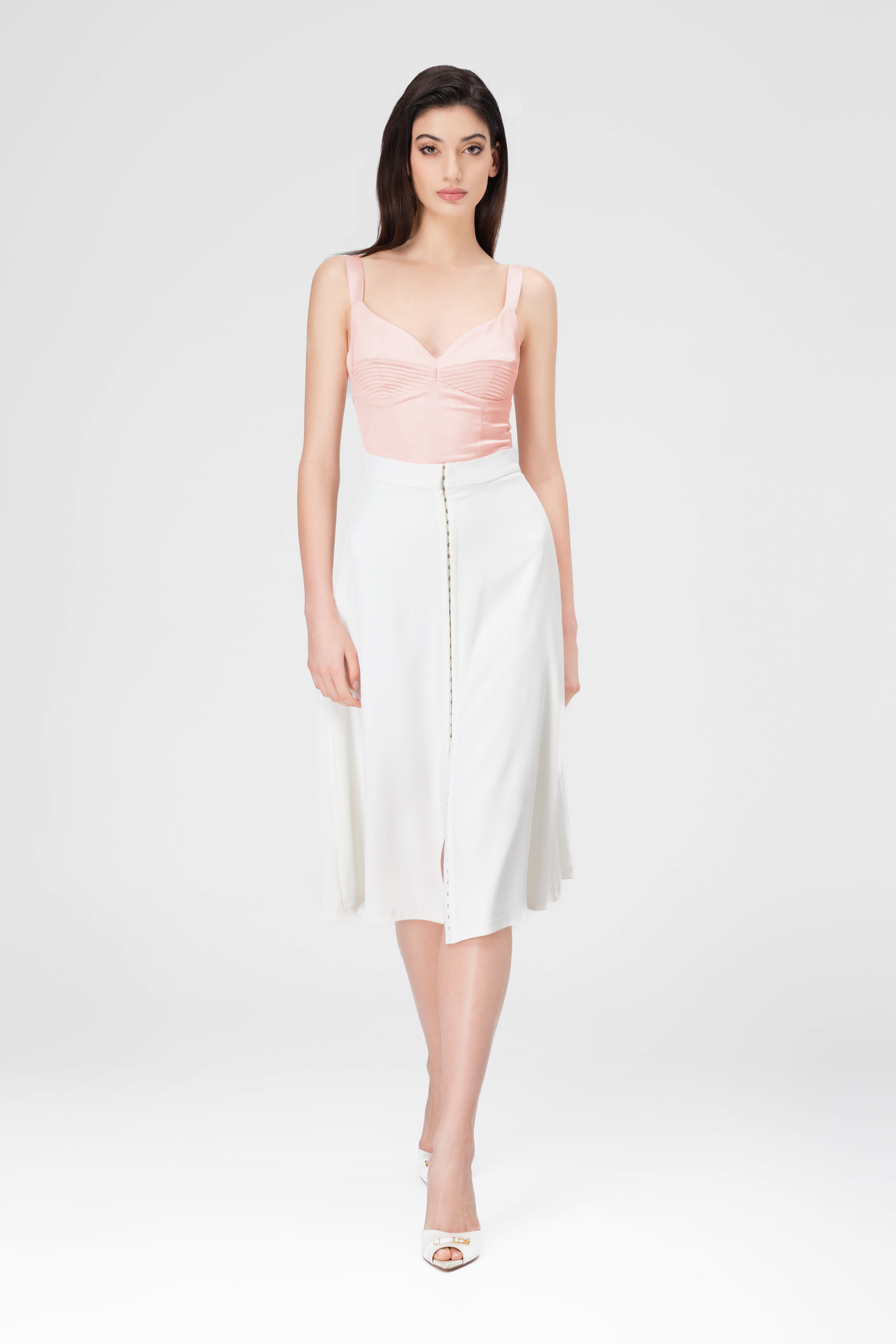 Short top in stretch satin with an ultra-feminine neckline