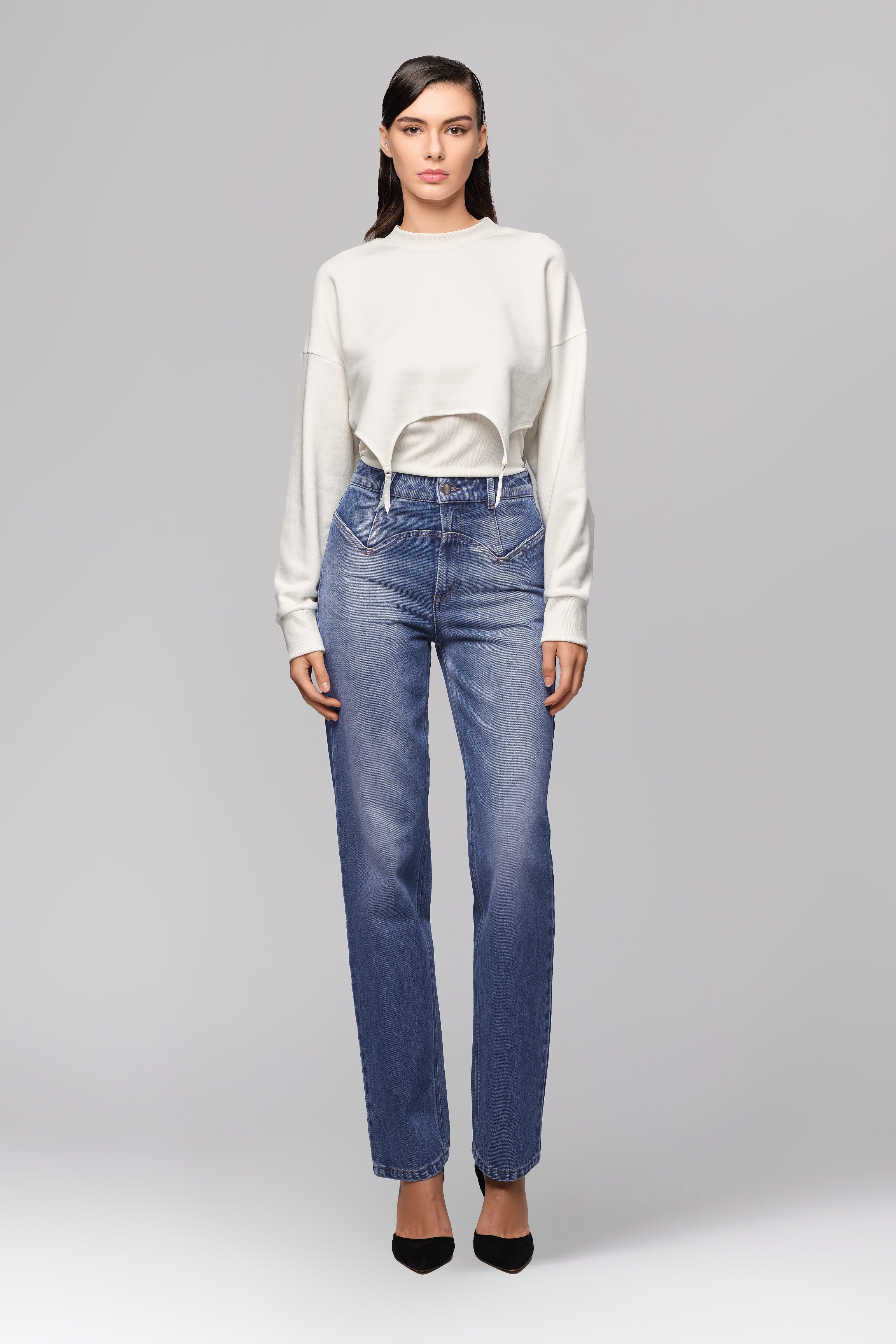 Hanorac alb scurt din bumbac si modal Garter