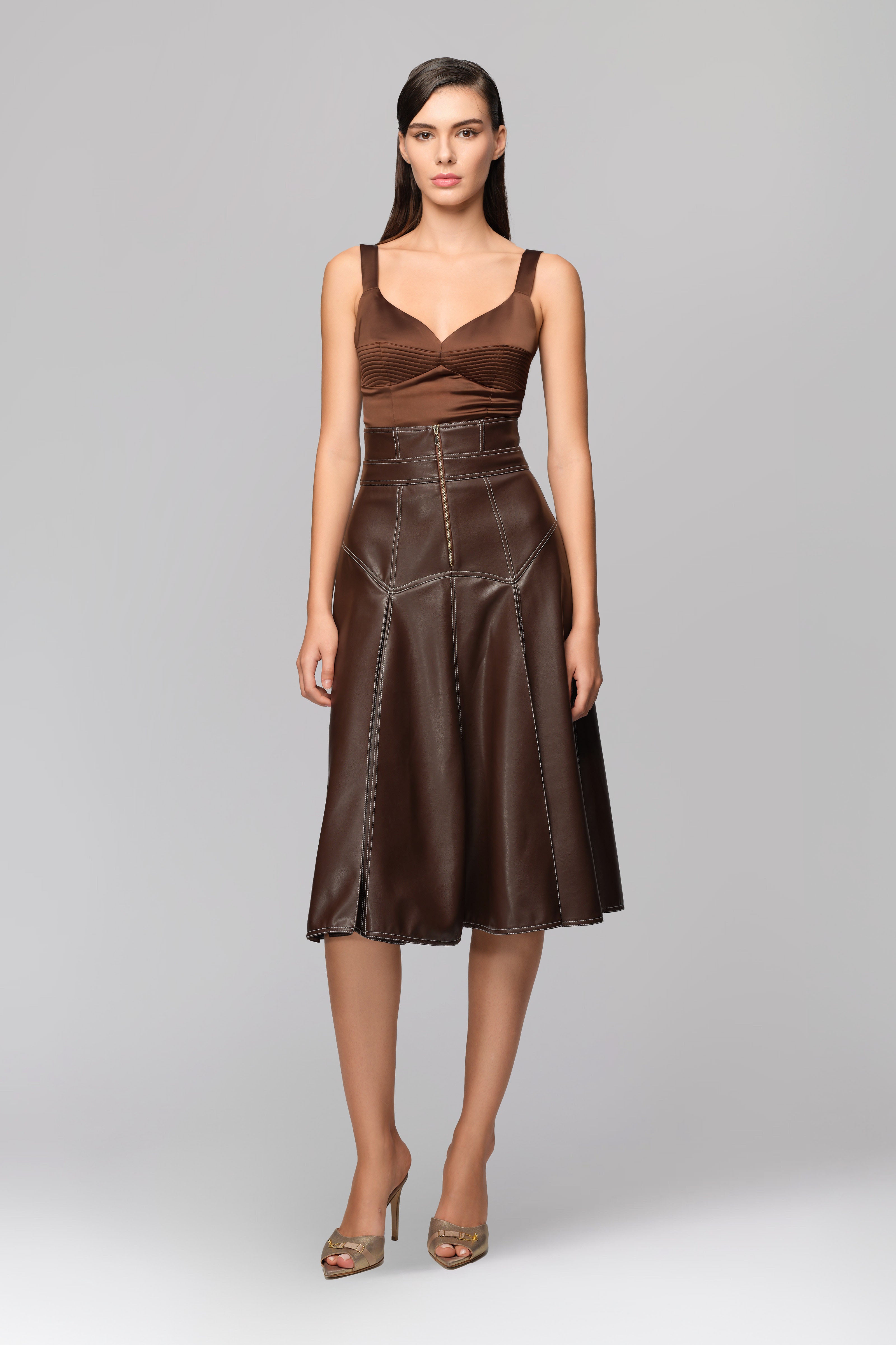 Underline Leather Skirt Brown