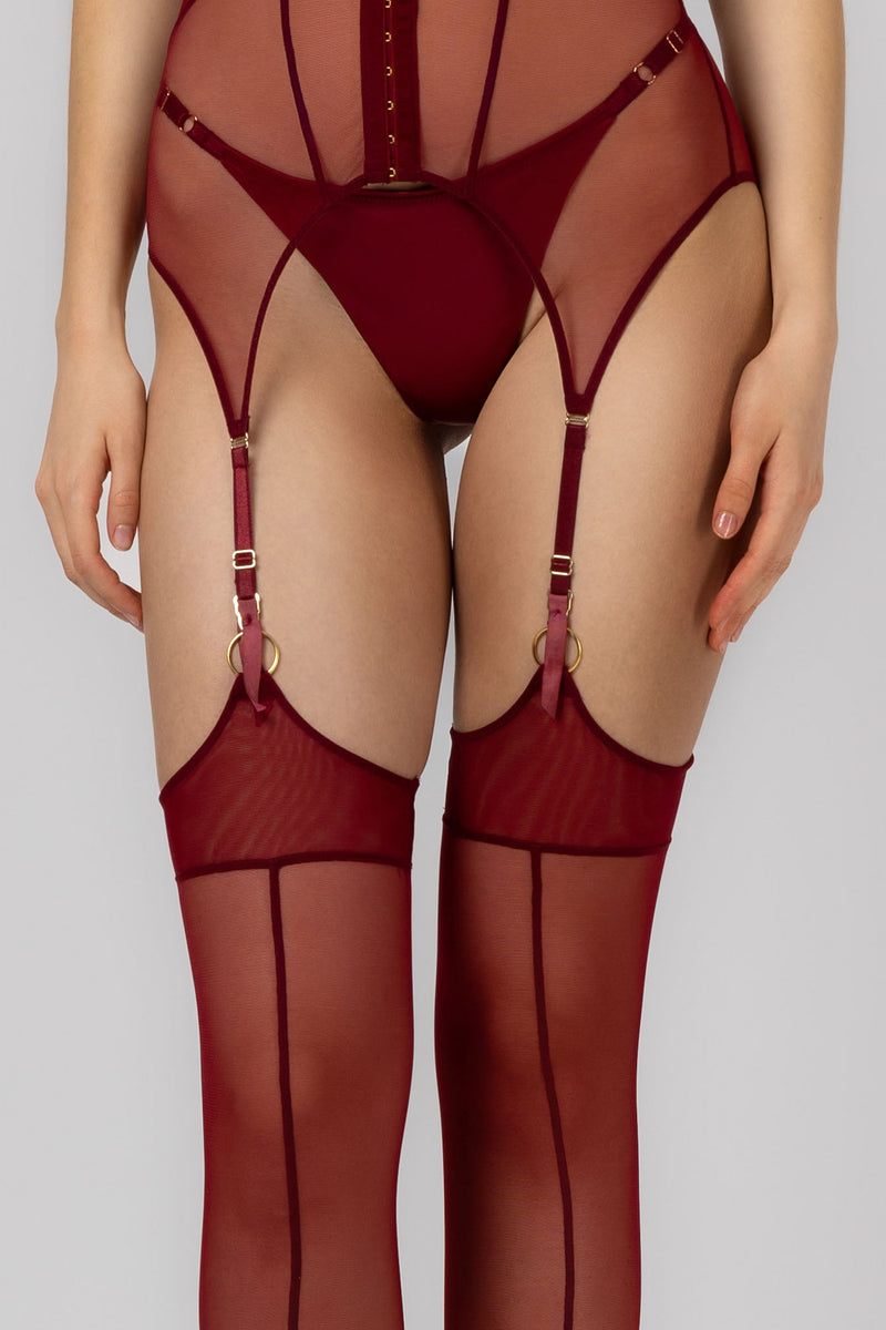 Hold-Up Mesh Stockings Dark Red