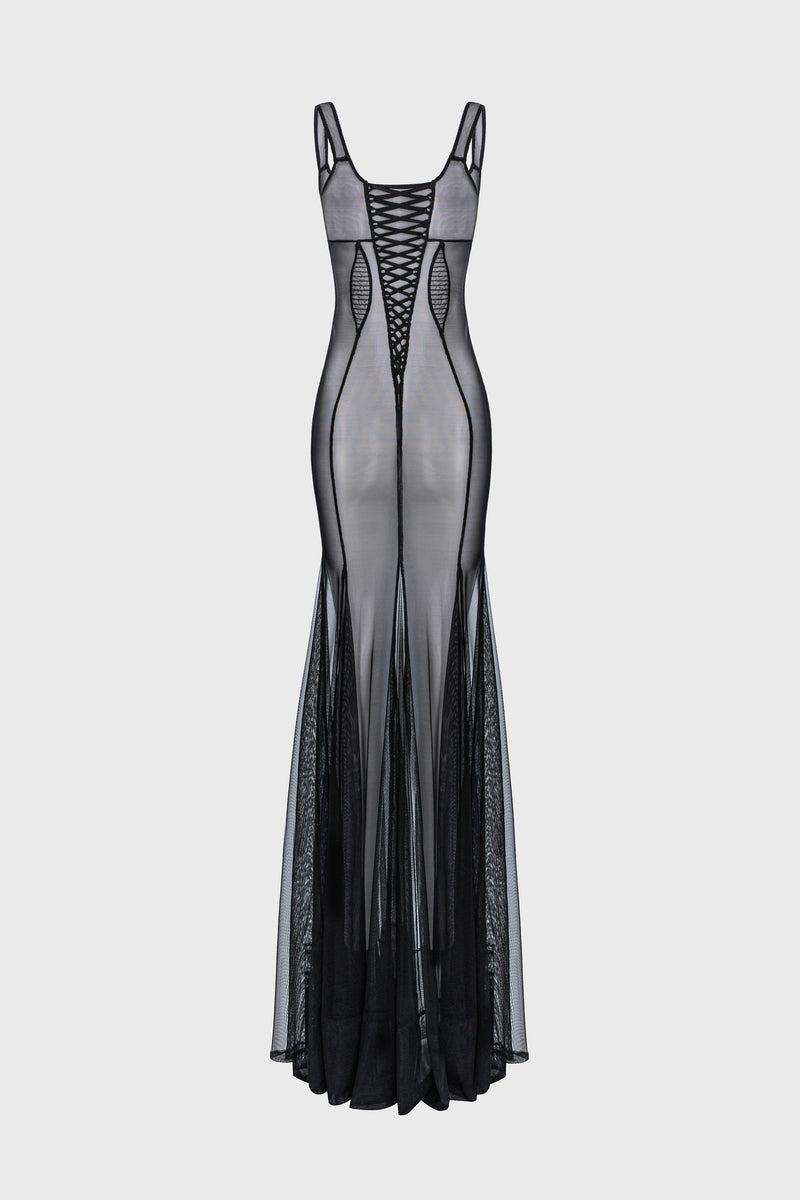 Tribute Haze sheer long dress with bodysuit and mesh underskirt