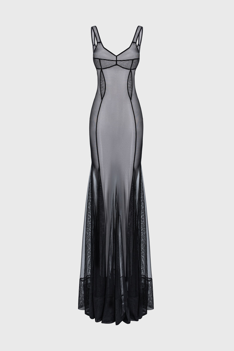 Rochie neagra din tul cu body si furou Tribut Haze