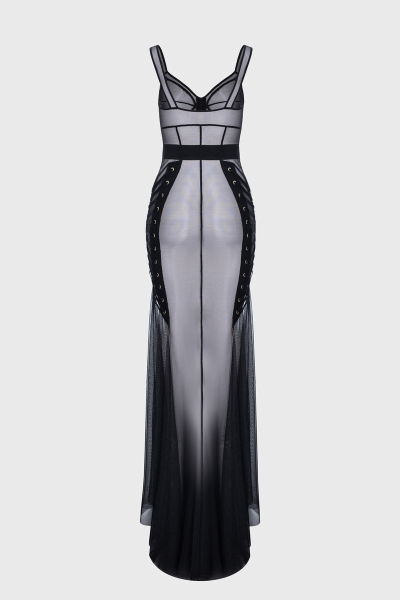 Tribute Zest sheer long dress with bodysuit and mesh underskirt