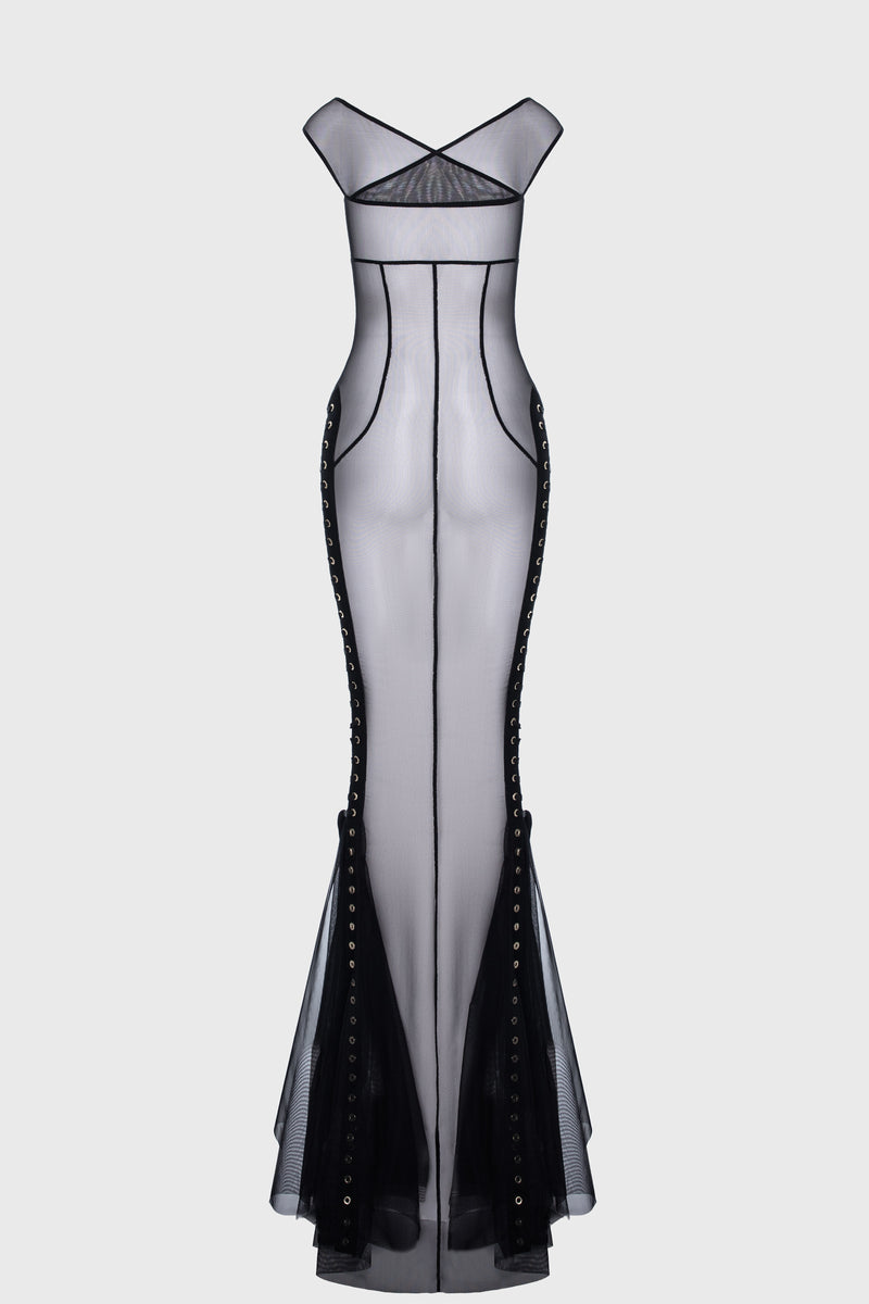 Tribute Blackcherry sheer long dress with bodysuit and mesh underskirt