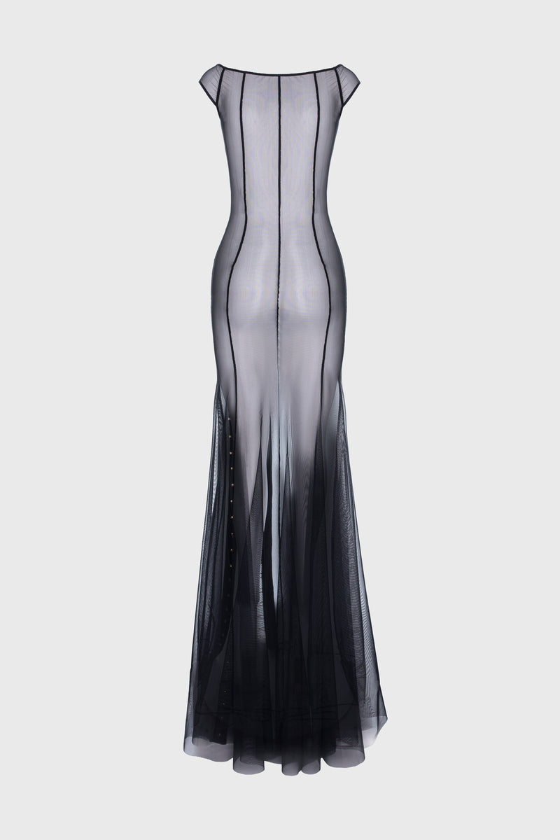 Tribute Ivy sheer long dress with bodysuit and mesh underskirt