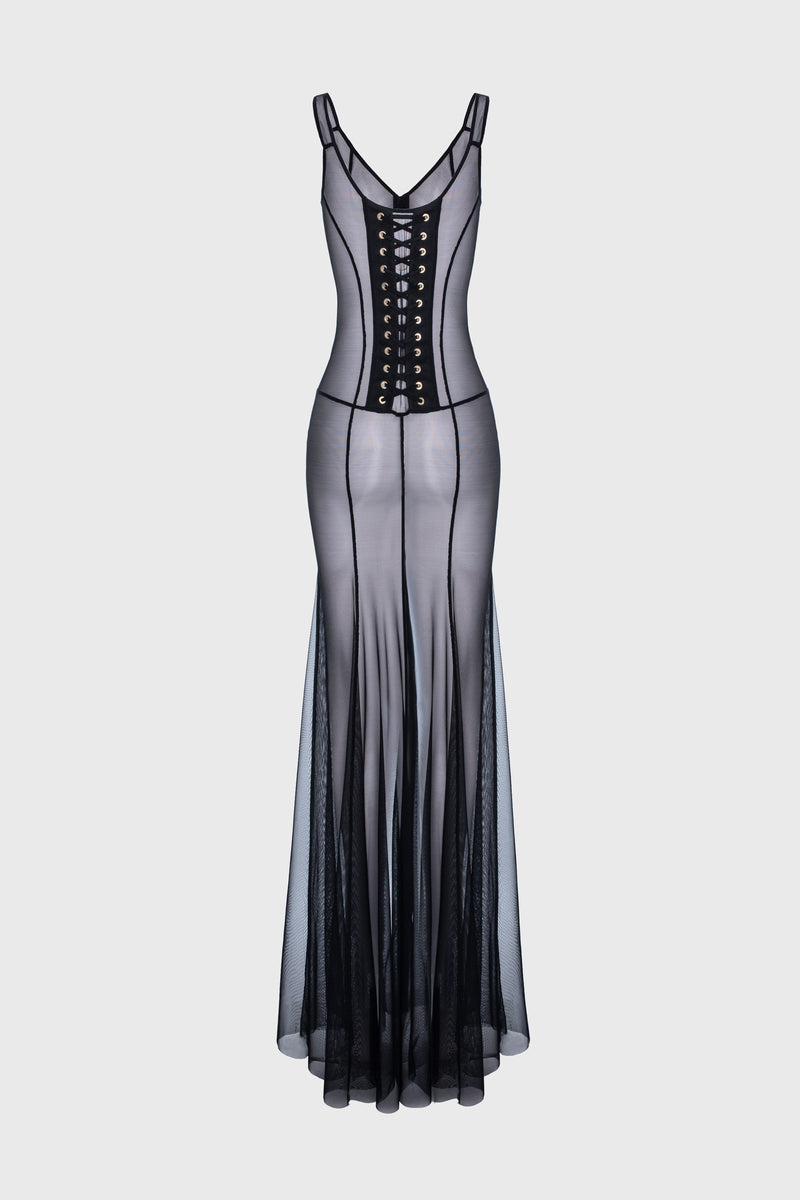 Tribute String sheer long dress with bodysuit and mesh underskirt