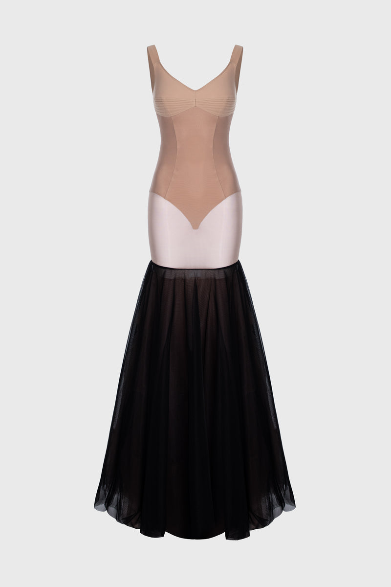 Tribute Haze sheer long dress with bodysuit and mesh underskirt