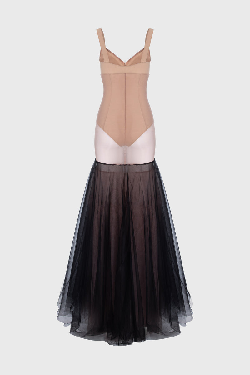 Tribute Zest sheer long dress with bodysuit and mesh underskirt