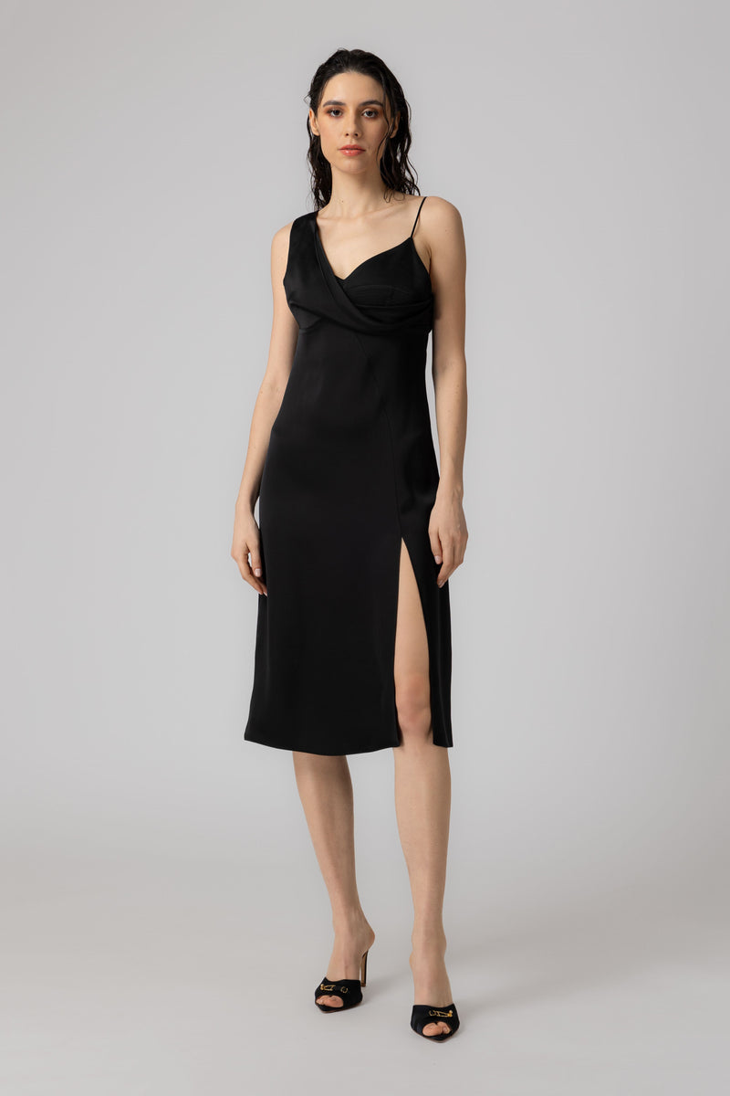Rochie neagra midi din satin Allure
