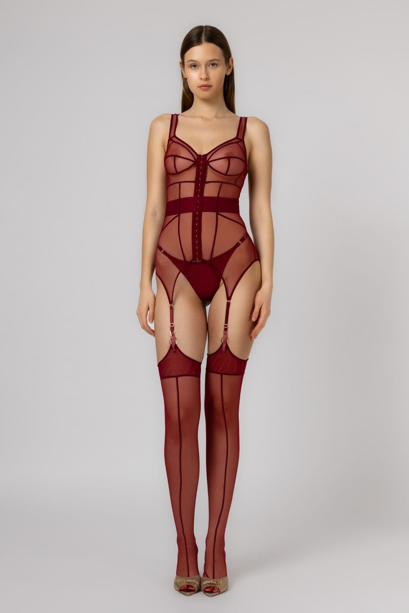 Hold-Up Mesh Stockings Dark Red