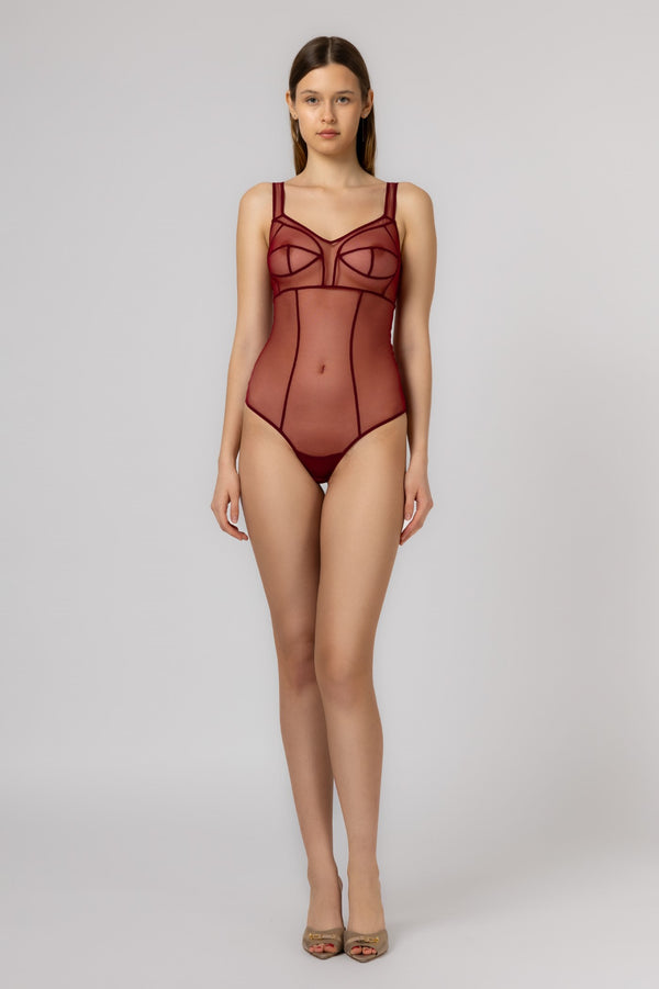 Sculpt Bi-Stretch Sheer Bodysuit Dark Red