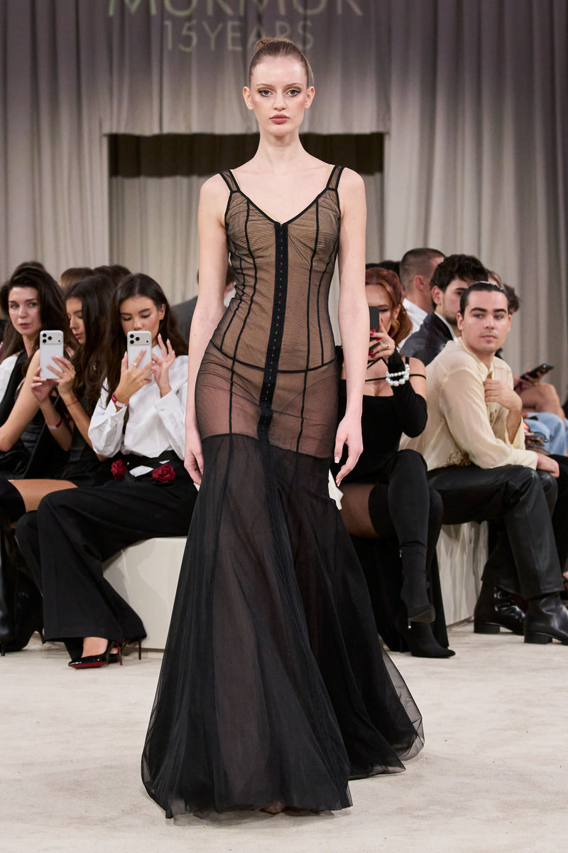 Tribute String sheer long dress with bodysuit and mesh underskirt