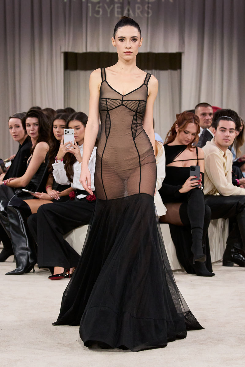 Tribute Haze sheer long dress with bodysuit and mesh underskirt