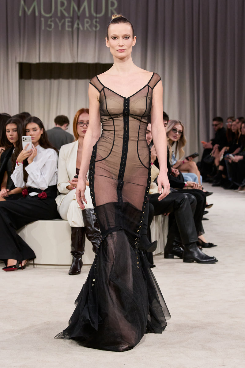 Tribute Blackcherry sheer long dress with bodysuit and mesh underskirt