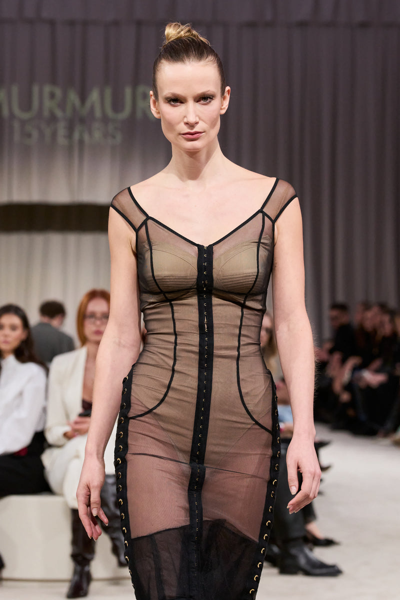 Tribute Blackcherry sheer long dress with bodysuit and mesh underskirt