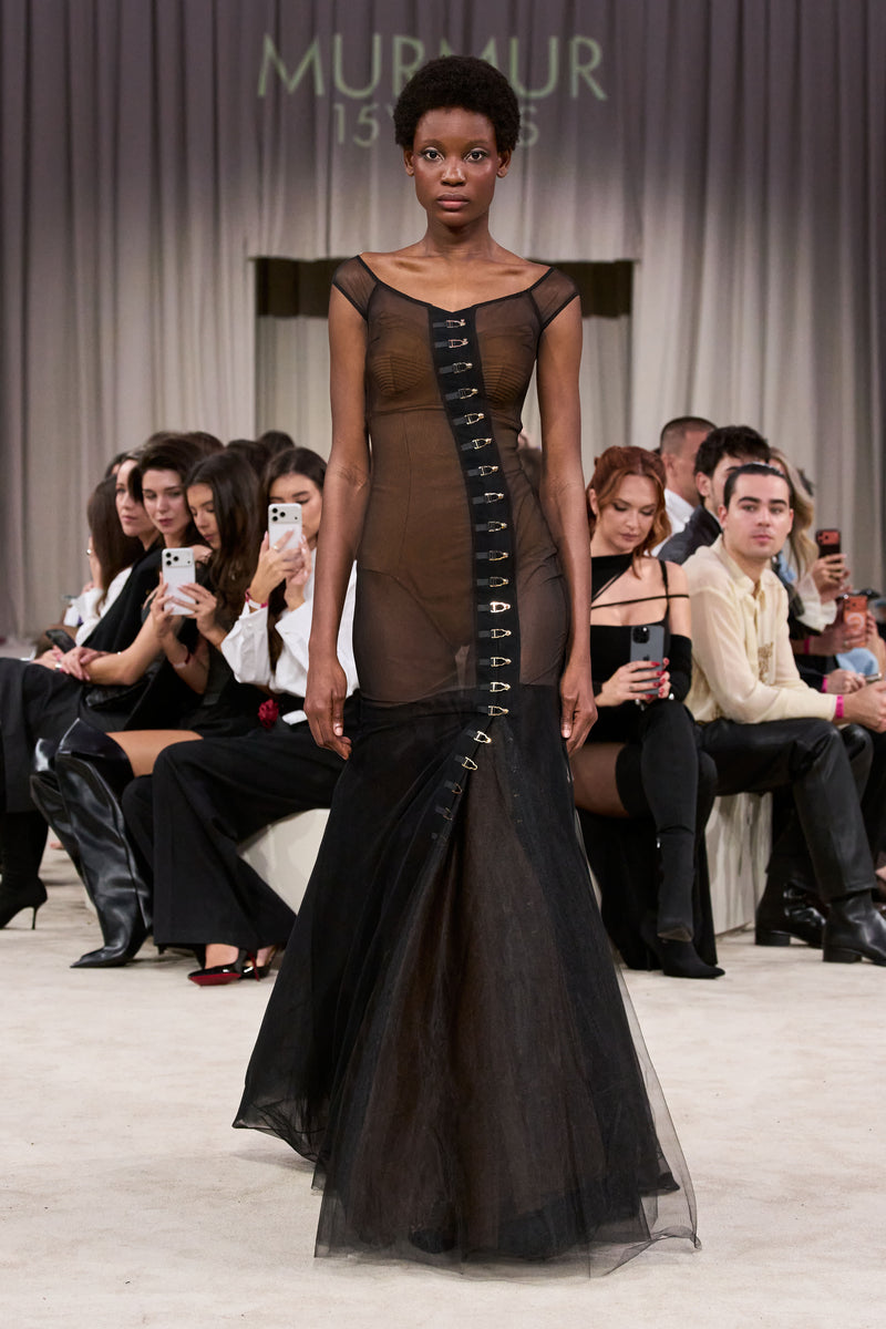 Tribute Ivy sheer long dress with bodysuit and mesh underskirt