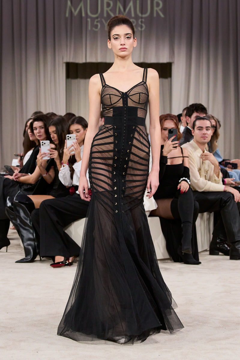 Tribute Zest sheer long dress with bodysuit and mesh underskirt