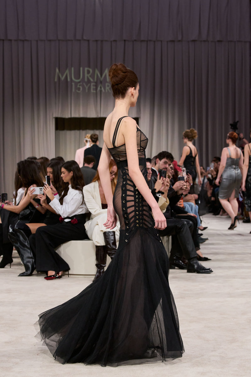 Tribute Zest sheer long dress with bodysuit and mesh underskirt