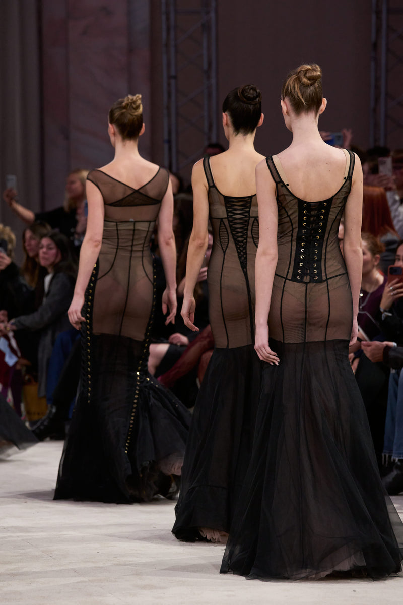 Tribute String sheer long dress with bodysuit and mesh underskirt