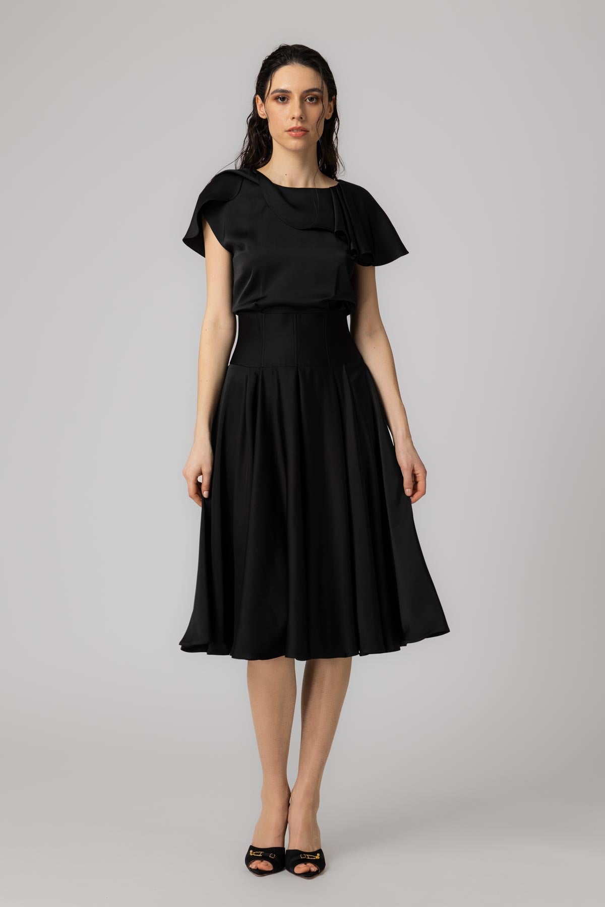 Rochie neagra midi din satin premium Flap