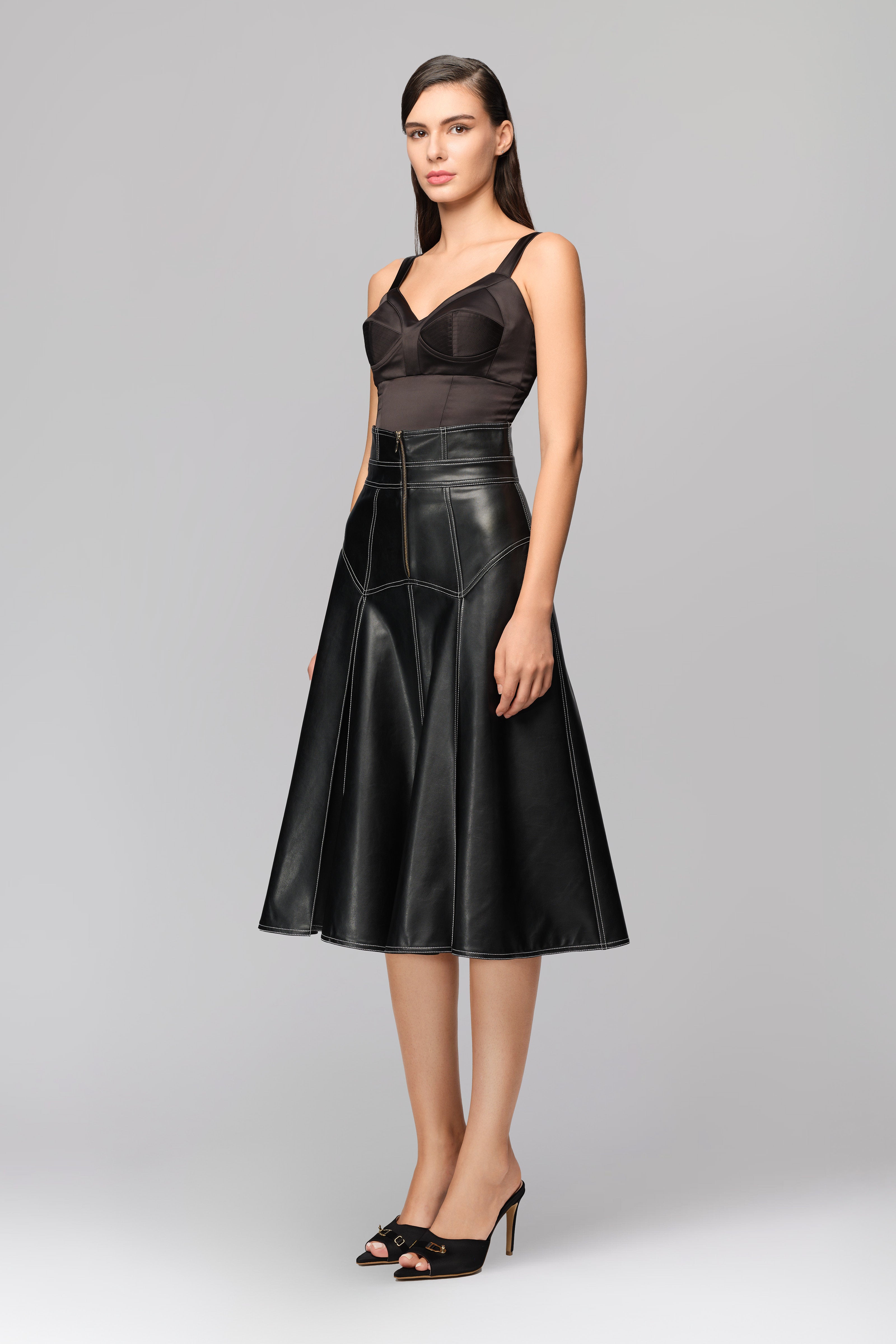 Underline Leather Skirt Black