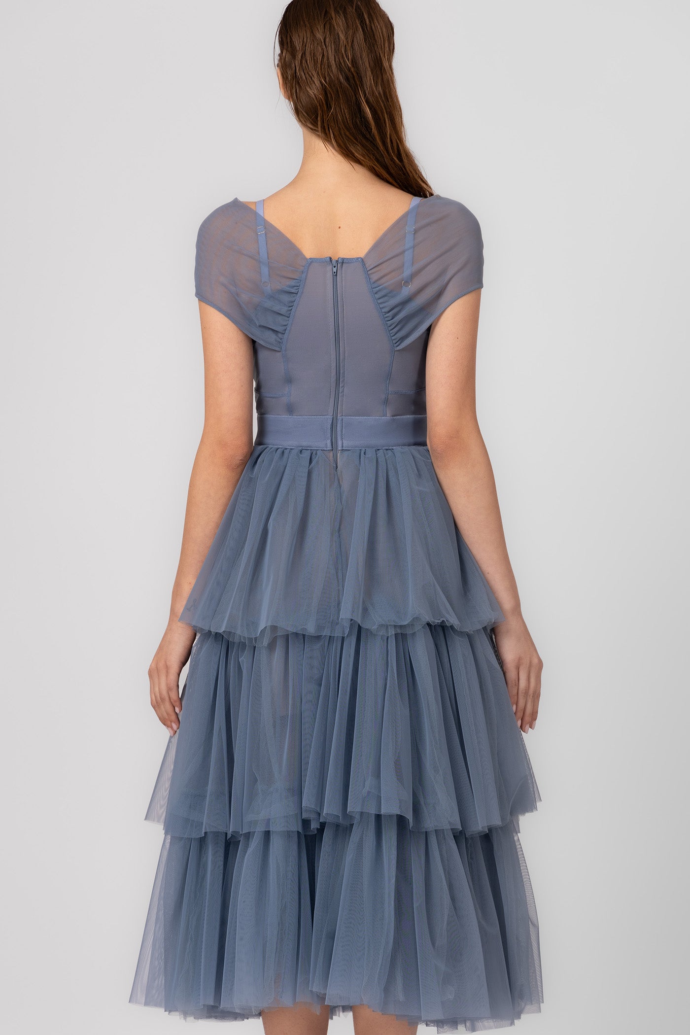 Rochie midi albastru deschis din tul Sculpt Ruffle