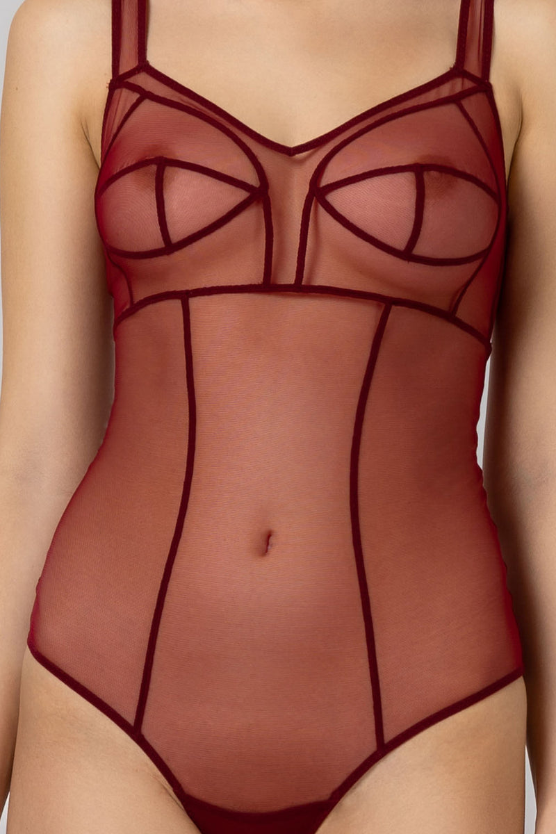 Sculpt Bi-Stretch Sheer Bodysuit Dark Red