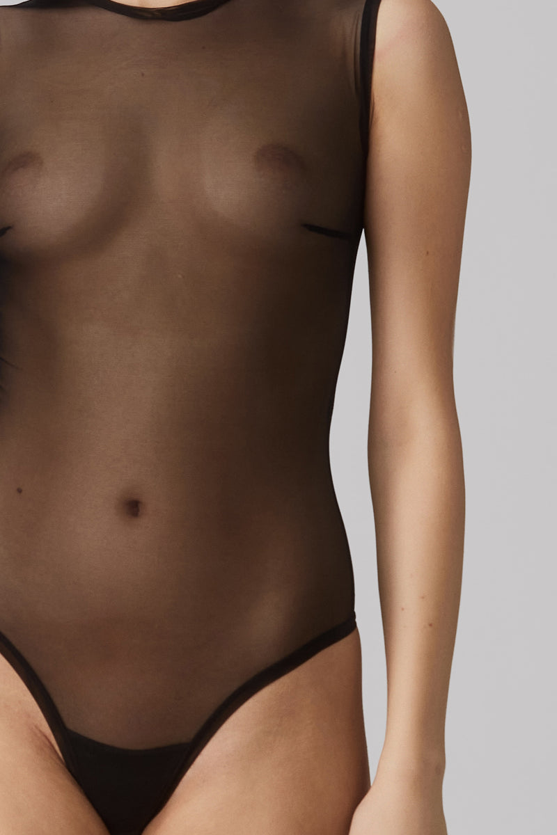 Body negru din tulle elastic transparent Sheer