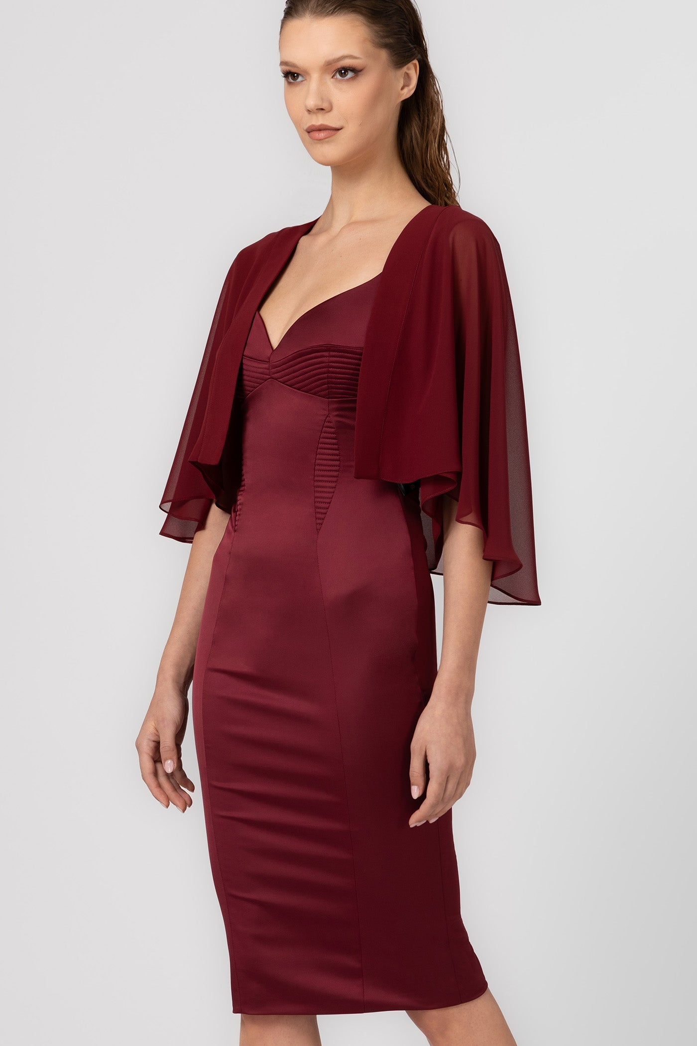 Burgundy red cape made of transparent veil Veil