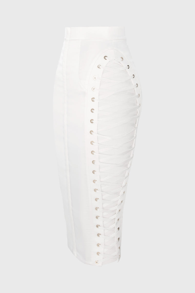 Fusta alba mulata din satin cu insiretare Blackcherry