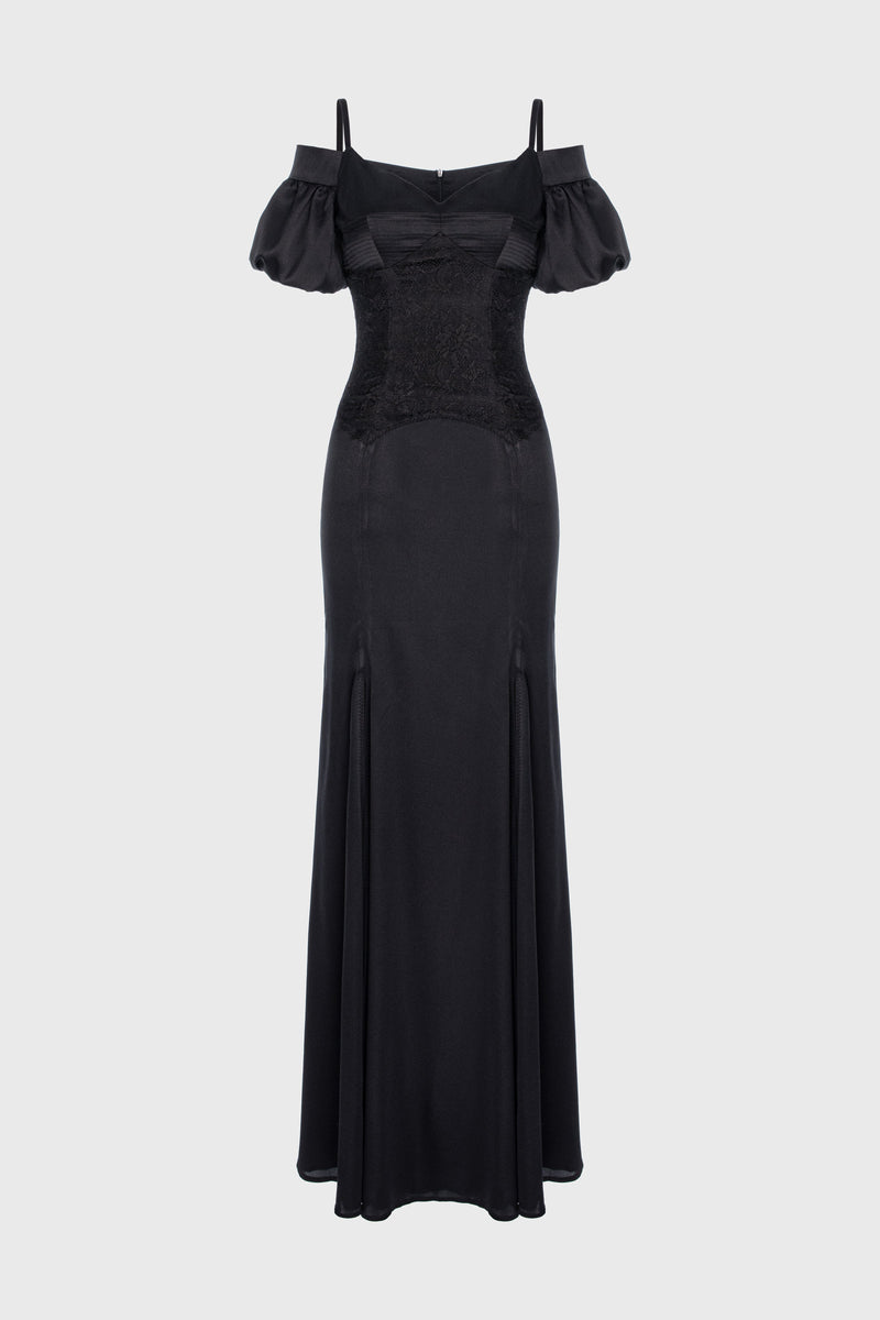 Blossom SIlk Long Dress Black