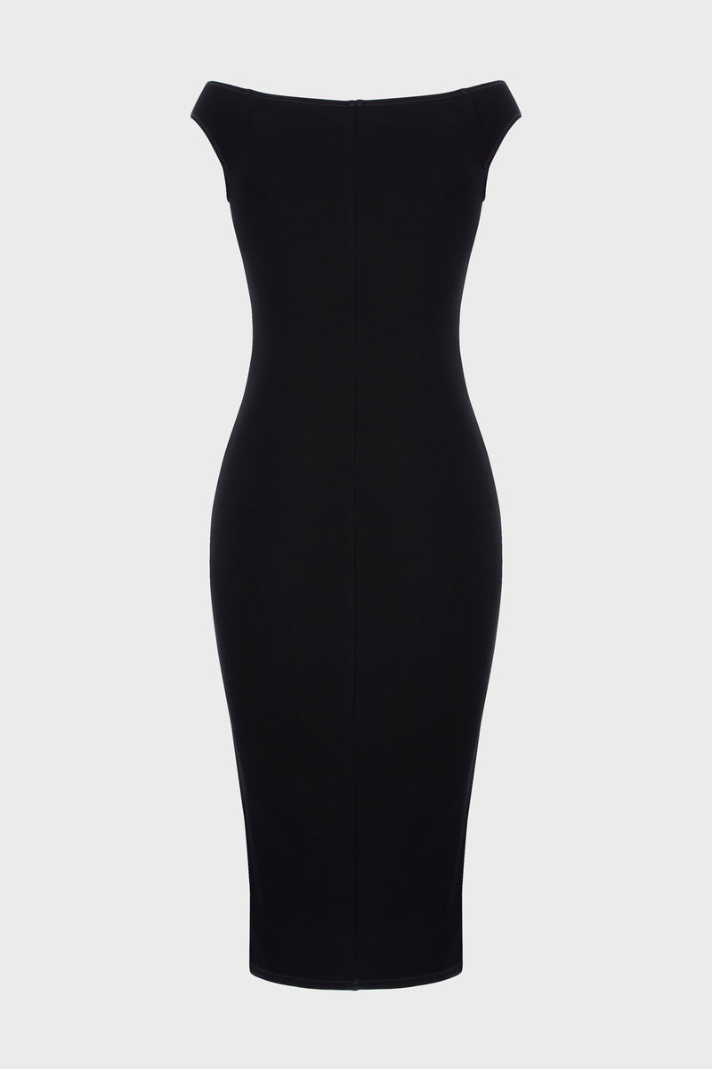 Rochie neagra midi din tricot texturat din vascoza Explicit