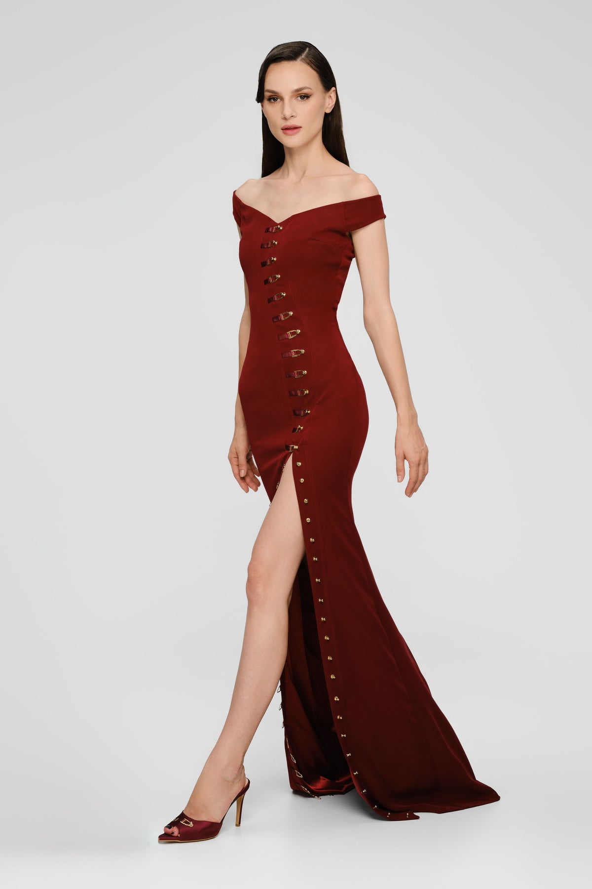 Rochie rosu burgund lunga cu decolteu Ivy