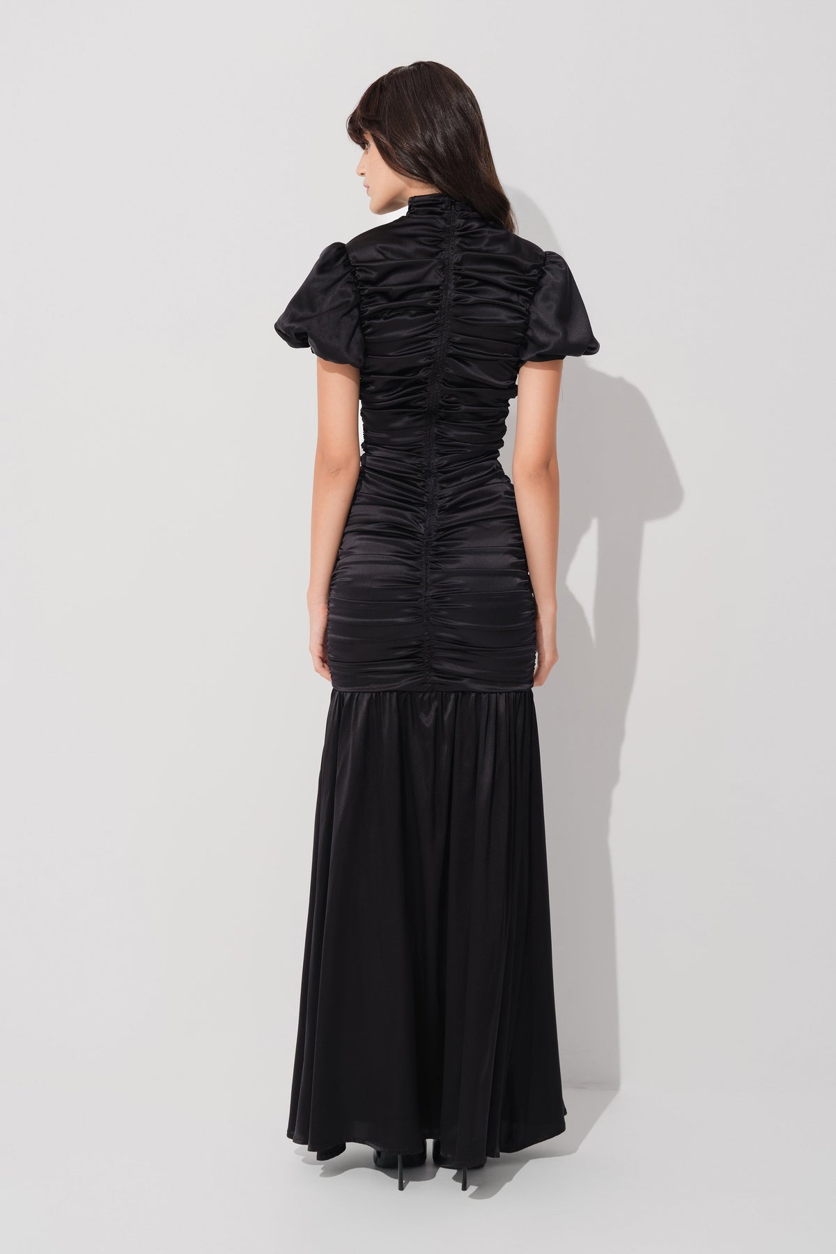 Ruched Silk Long Dress Black