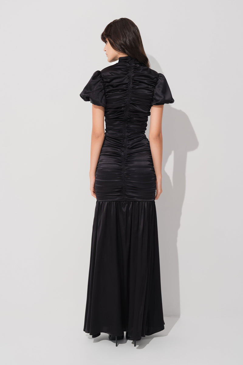 Ruched Silk Long Dress Black