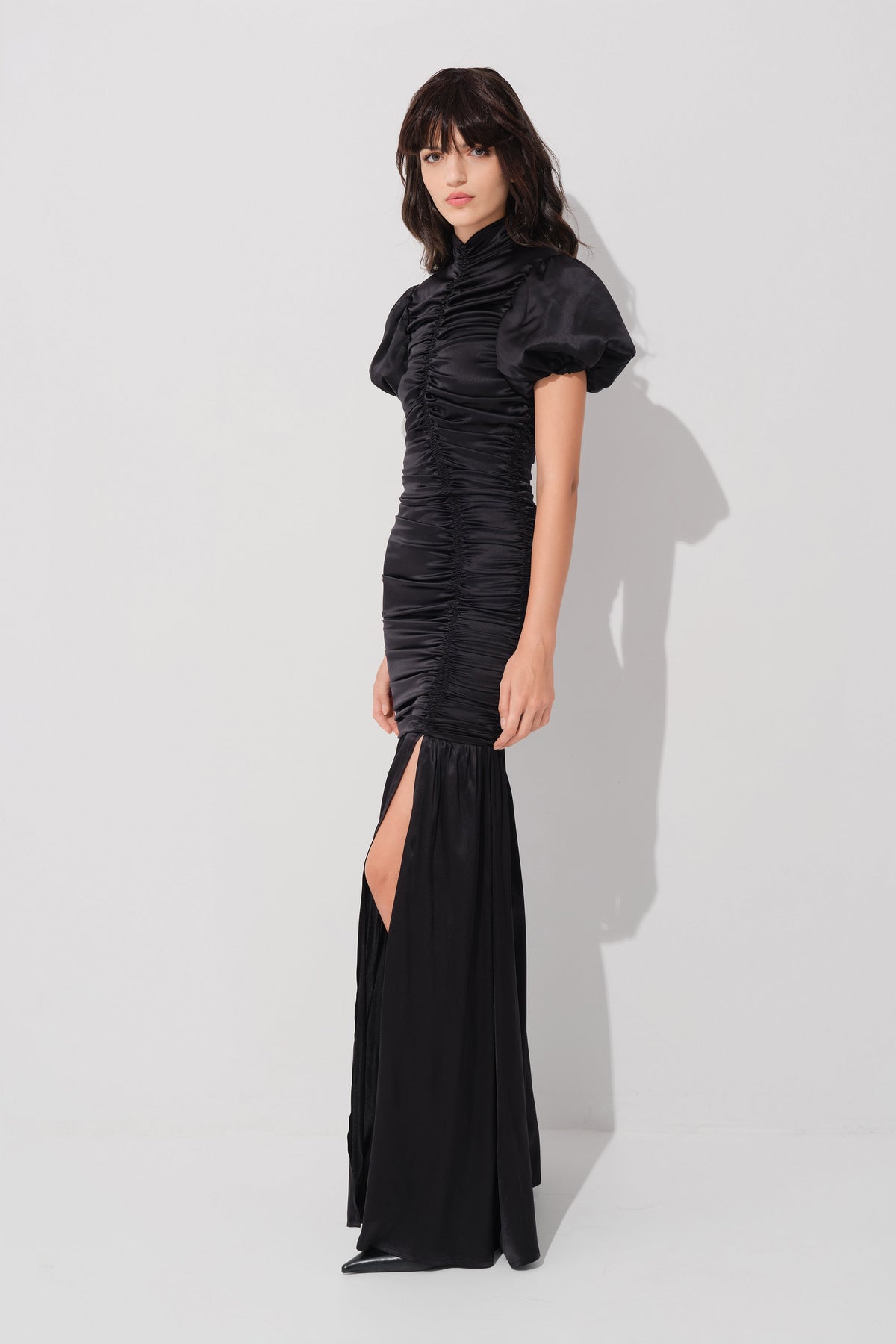 Ruched Silk Long Dress Black