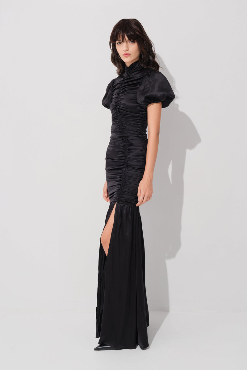 Ruched Silk Long Dress Black