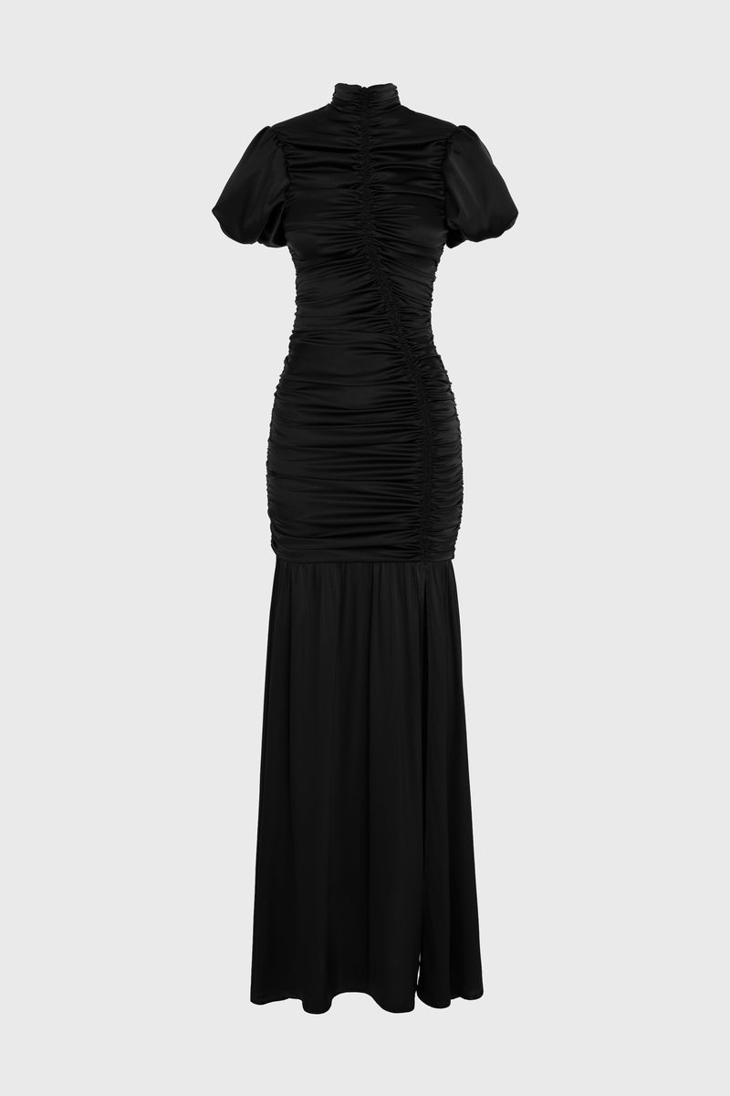 Ruched Silk Long Dress Black