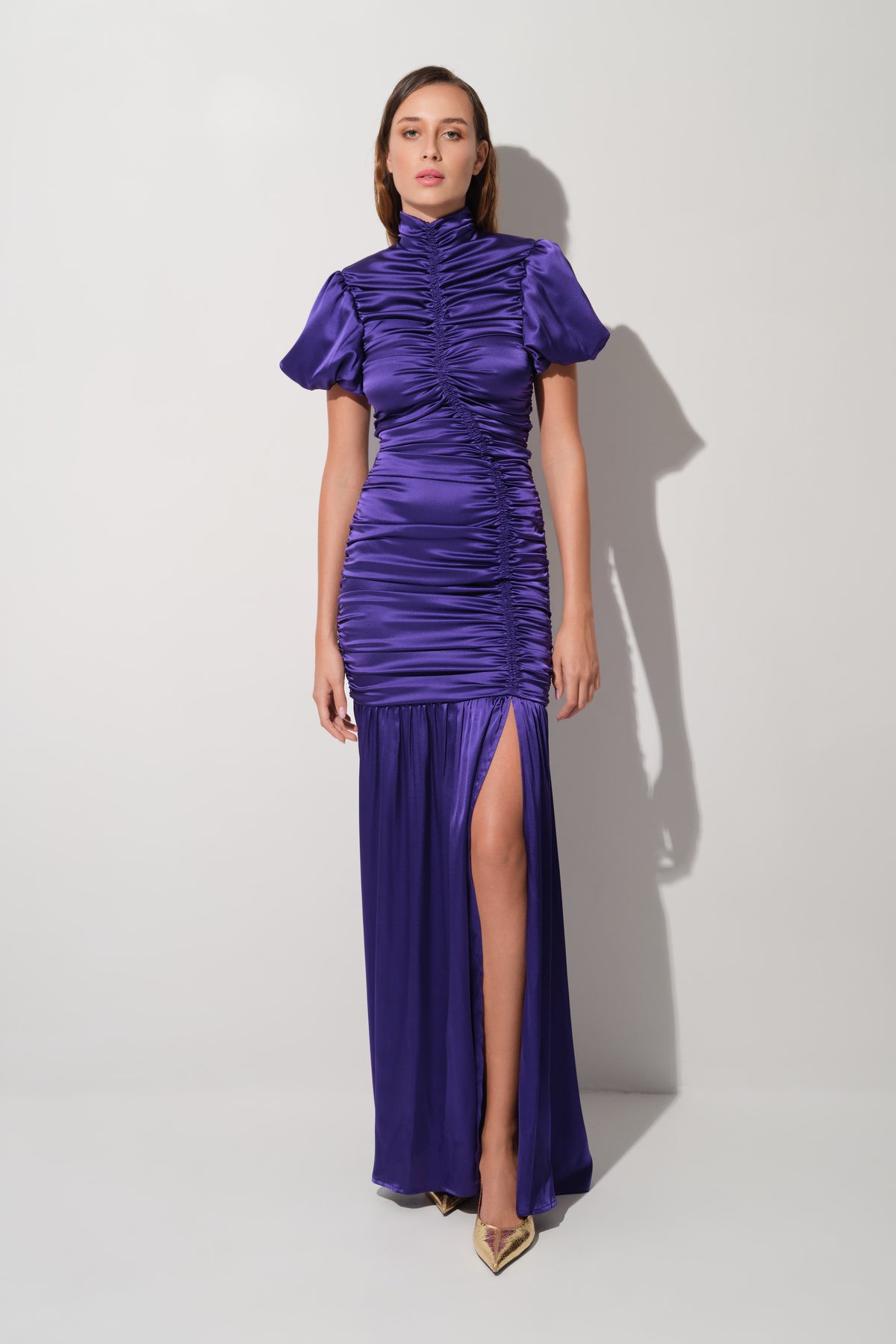 Ruched Silk Long Dress Purple 