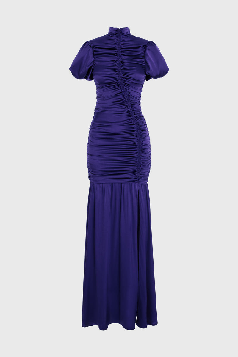 Ruched Silk Long Dress Purple 