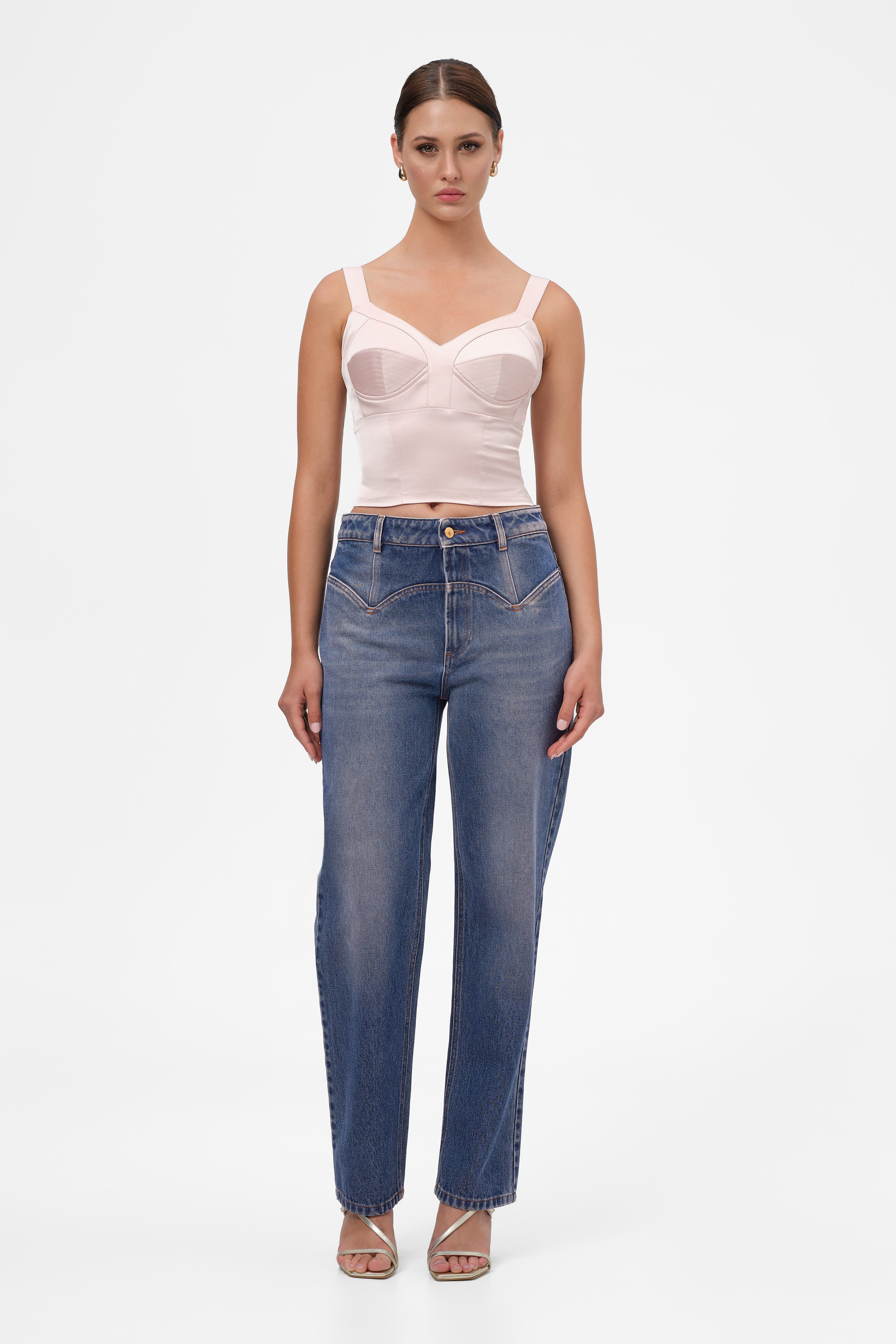 Corset roz pudrat din satin cu cupe Sculpt