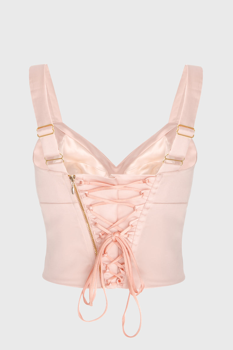 Corset roz pudrat din satin cu cupe si insiretare Sculpt