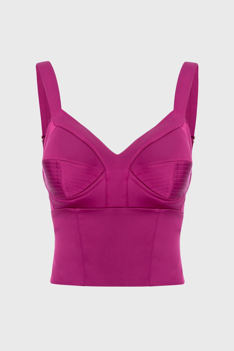 Corset roz intens din satin cu cupe si insiretare Sculpt
