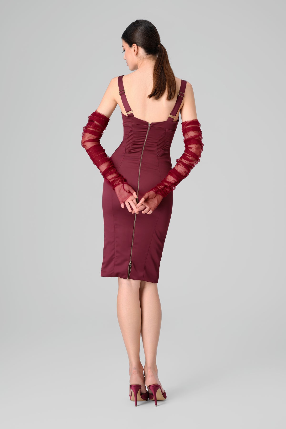 Manusi rosu burgund lungi din tul transparent Sheer