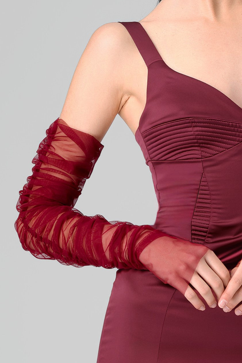Manusi rosu burgund lungi din tul transparent Sheer