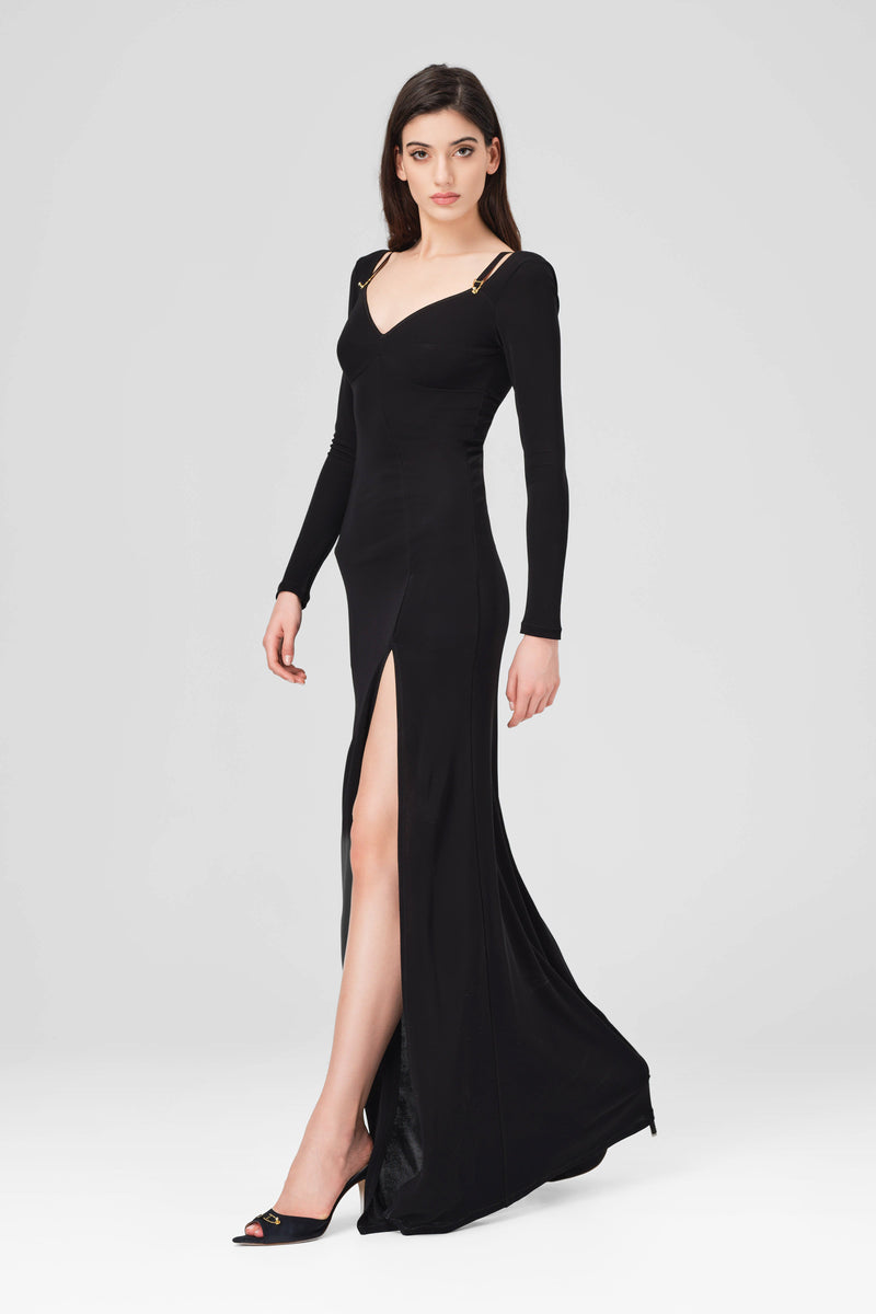 Skin Sleeve Long Dress Black