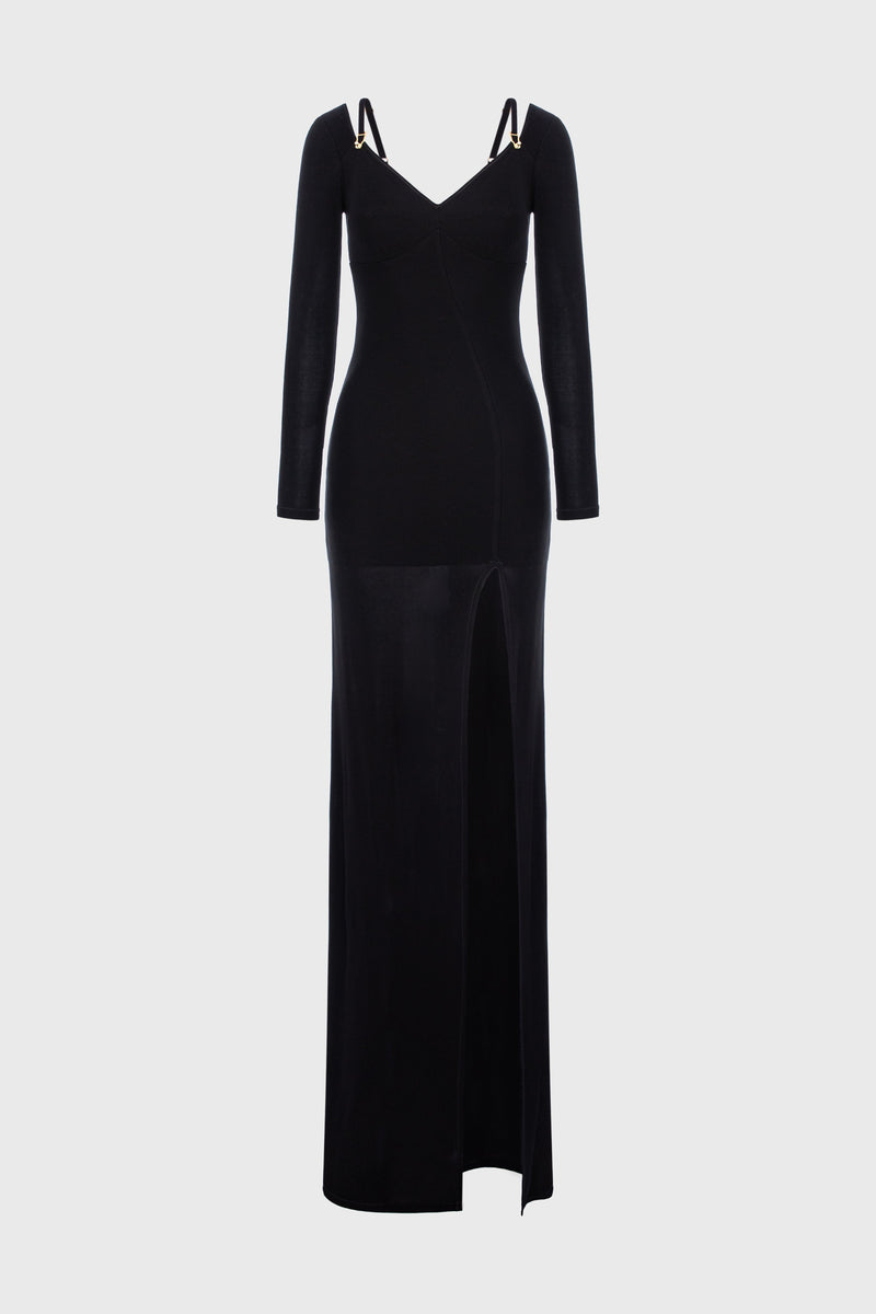 Skin Sleeve Long Dress Black