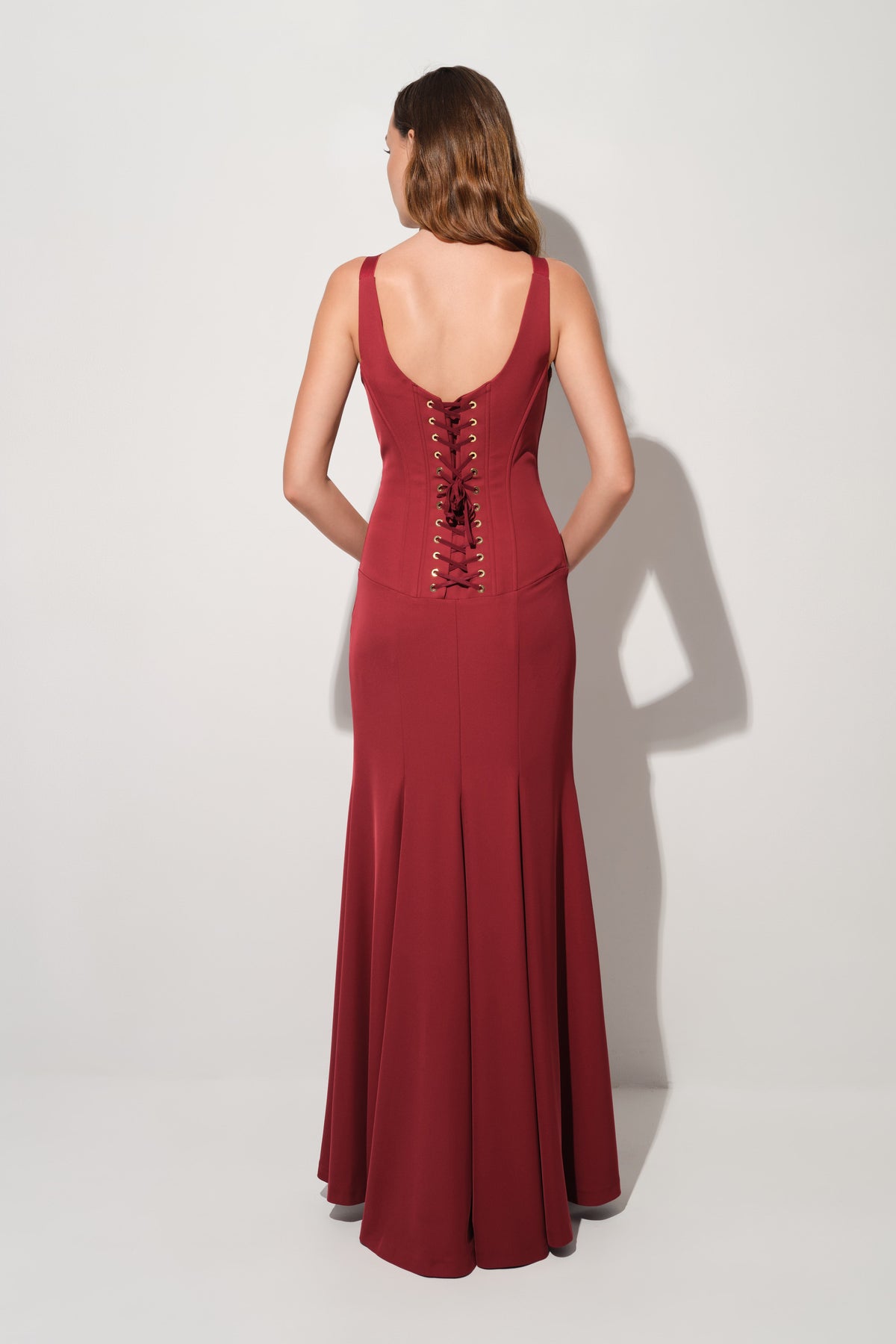 Rochie rosu burgund lunga cu corsetaj String