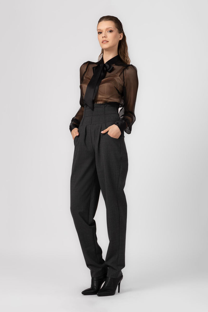 Pantaloni gri lungi cu talie inalta corset din lana Tomboy
