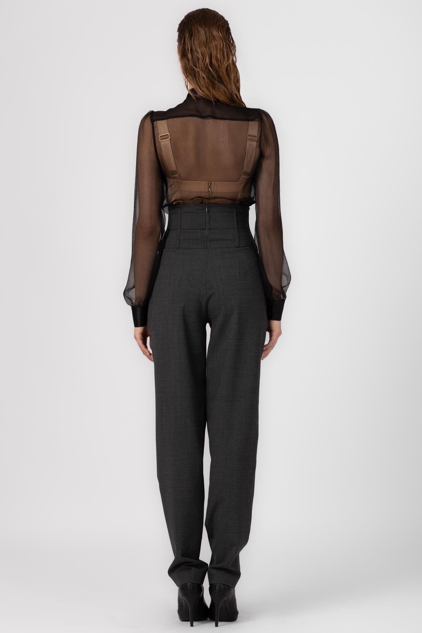 Pantaloni gri lungi cu talie inalta corset din lana Tomboy